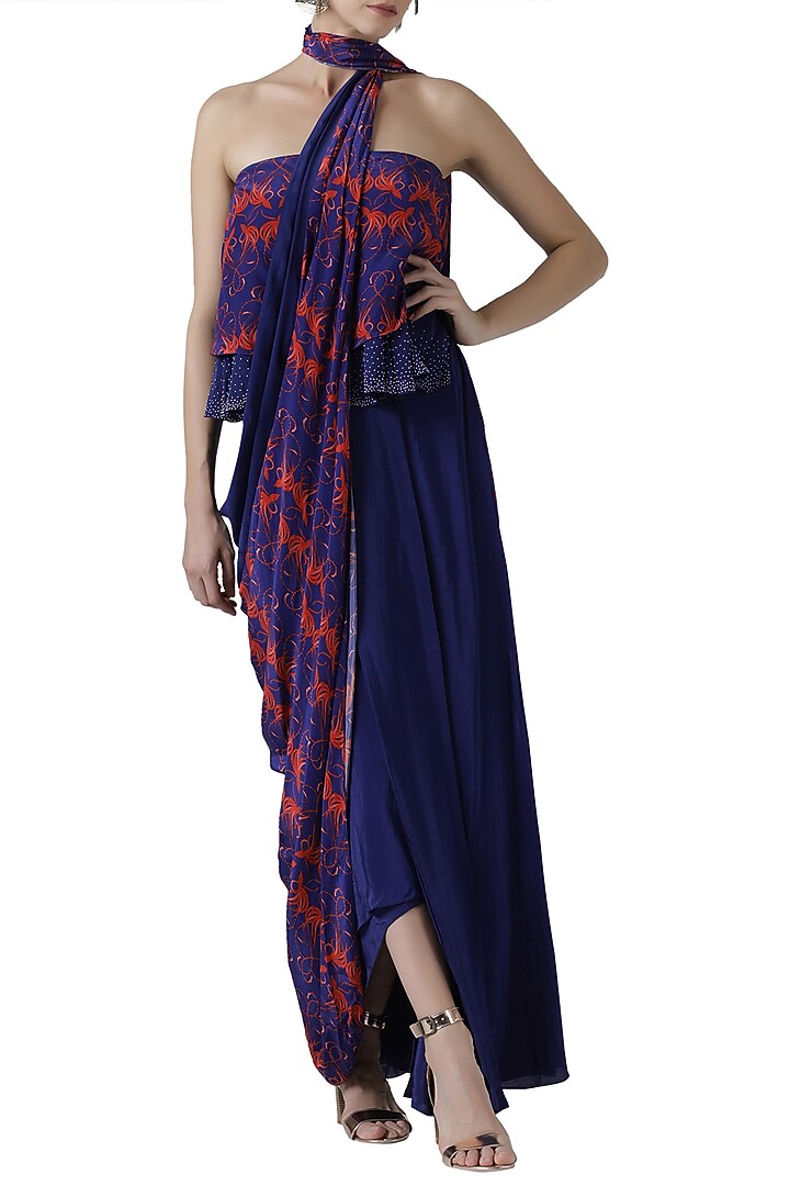 Navy blue embroidered pre-stitched Party Wear Saree by Limerick By Abirr N' Nanki at Pernia's Pop Up Shop