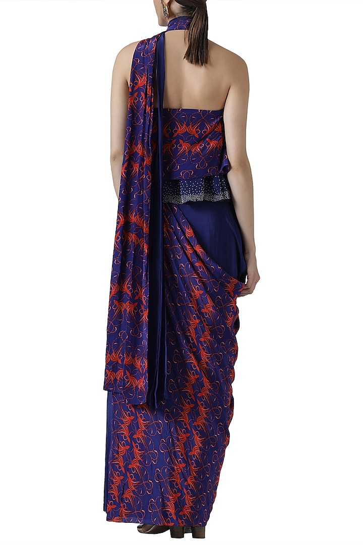 Navy blue embroidered pre-stitched saree by Limerick By Abirr N' Nanki