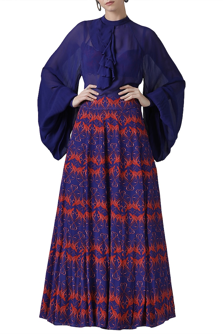 Navy blue printed skirt with shirt and bustier by Limerick By Abirr N' Nanki at Pernia's Pop Up Shop