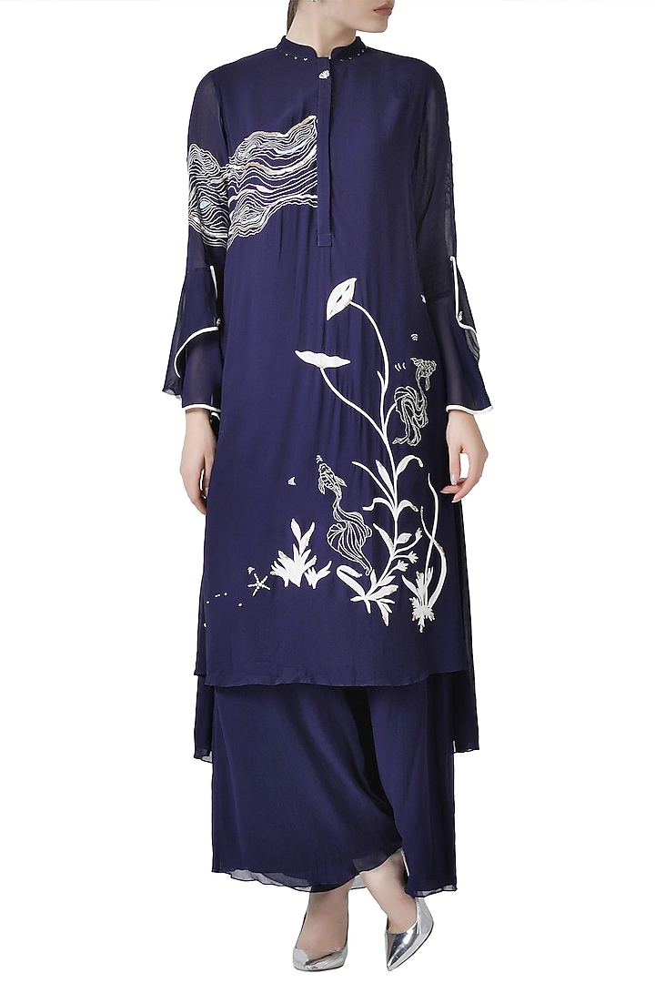 Navy blue embroidered kurta with palazzo pants by Limerick By Abirr N' Nanki at Pernia's Pop Up Shop