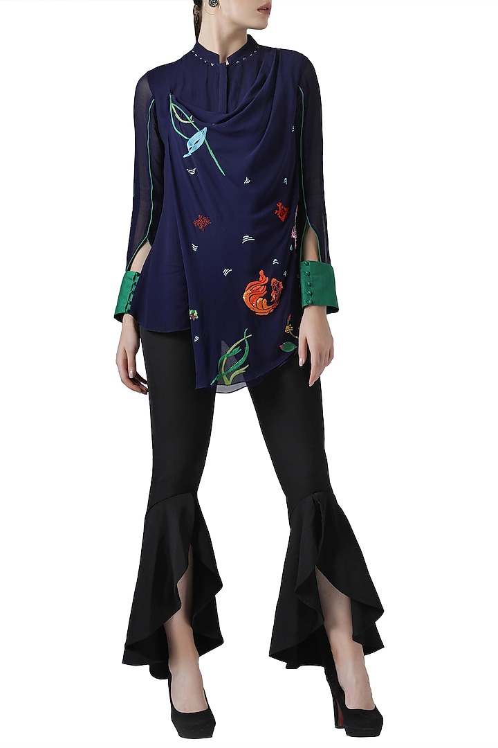 Navy blue embroidered drape shirt by Limerick By Abirr N' Nanki at Pernia's Pop Up Shop