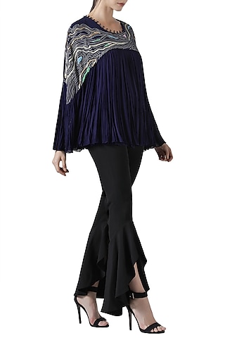 Navy blue embroidered pleated top by Limerick By Abirr N' Nanki