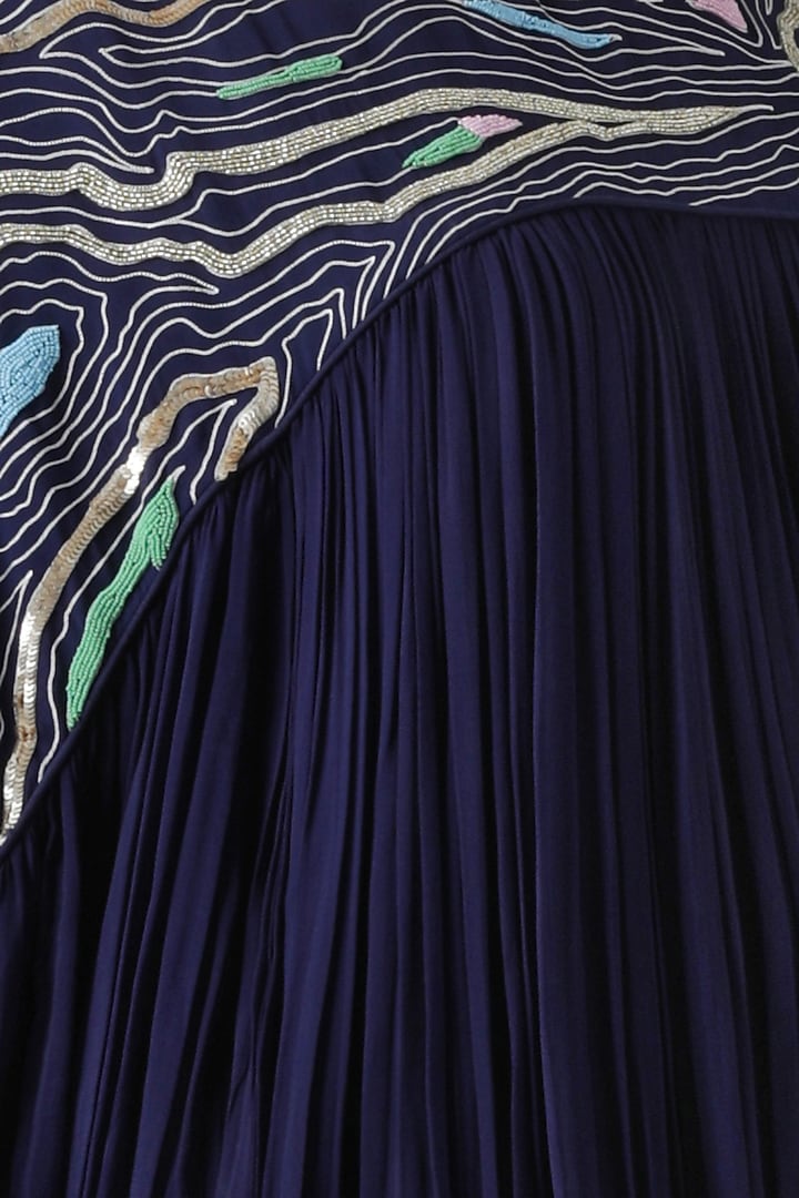 Navy blue embroidered pleated top by Limerick By Abirr N' Nanki at Pernia's Pop Up Shop