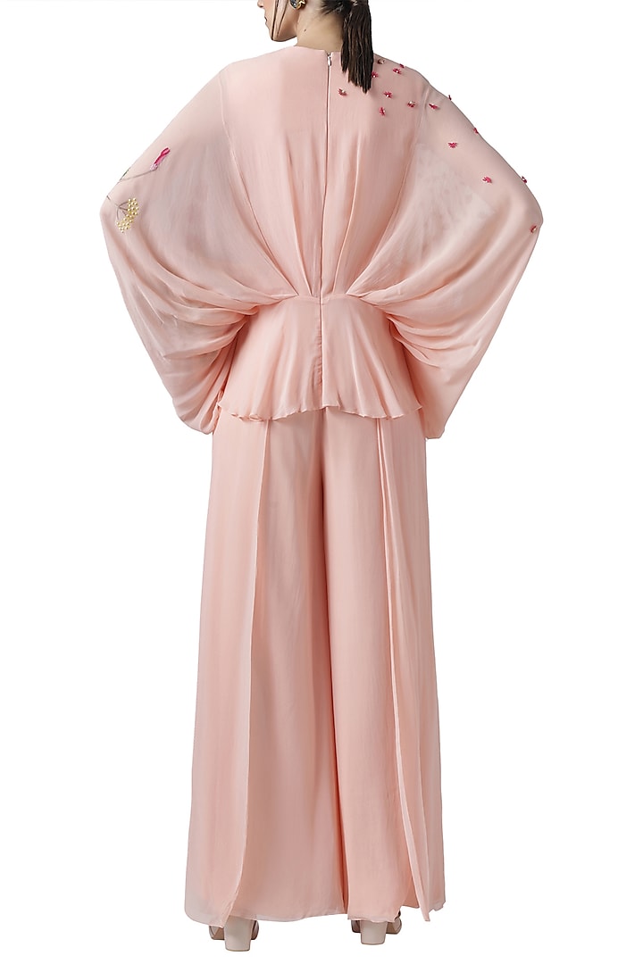 Blush pink embroidered drape jumpsuit by Limerick By Abirr N' Nanki