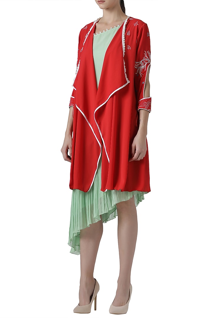 Green asymmetrical tunic with red embroidered jacket by Limerick By Abirr N' Nanki at Pernia's Pop Up Shop