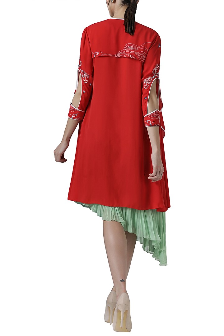 Green asymmetrical tunic with red embroidered jacket by Limerick By Abirr N' Nanki