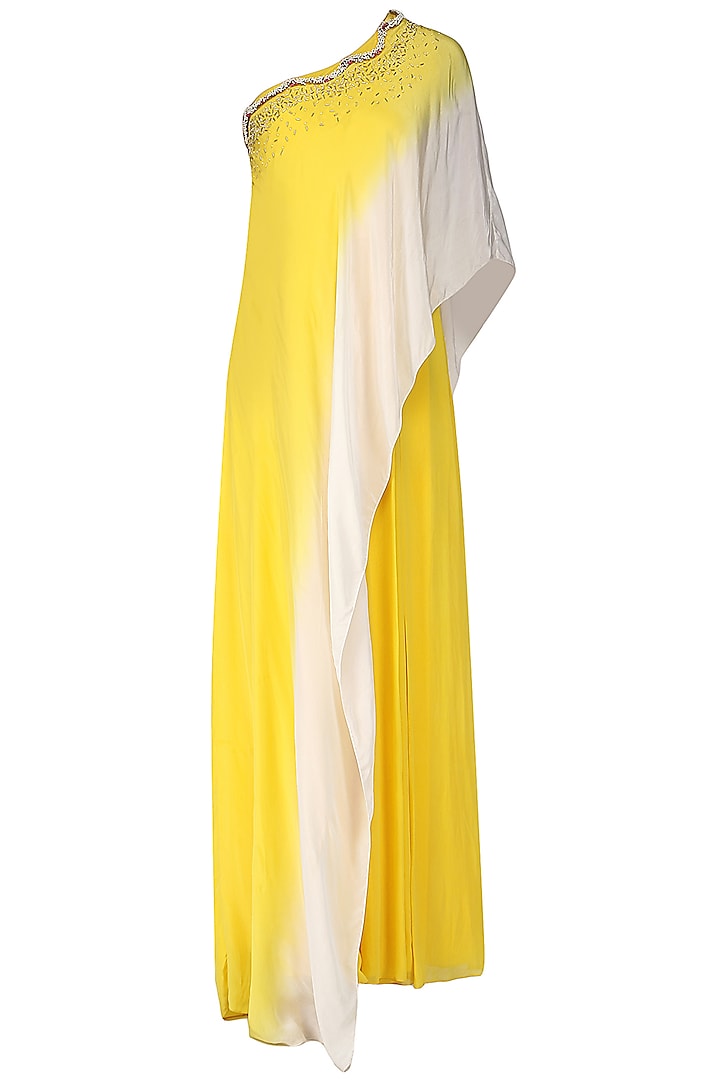 Yellow and Ivory Ombre Jumpsuit with Attached Embroidered Cape by Limerick By Abirr N' Nanki