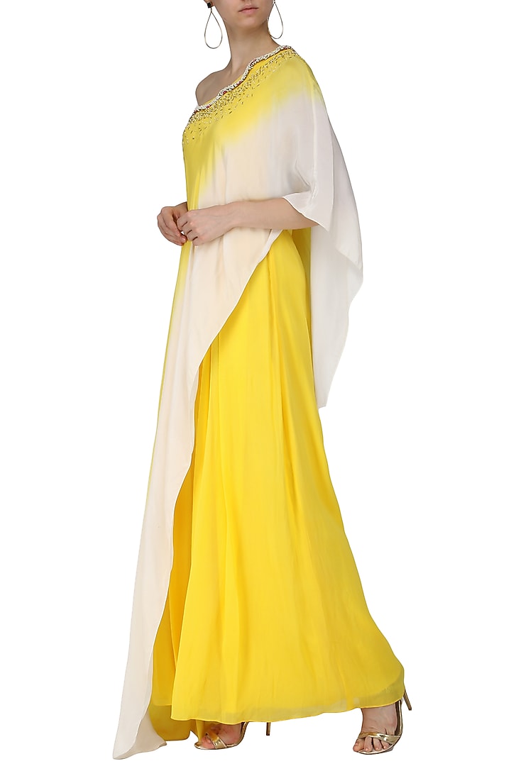 Yellow and ivory ombre jumpsuit with attached embroidered cape available only at Pernia's Pop Up Shop.