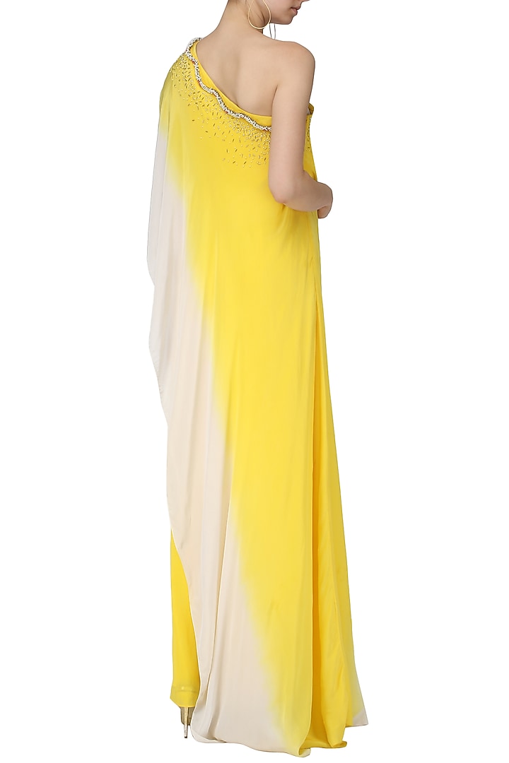 Yellow and ivory ombre jumpsuit with attached embroidered cape available only at Pernia's Pop Up Shop.