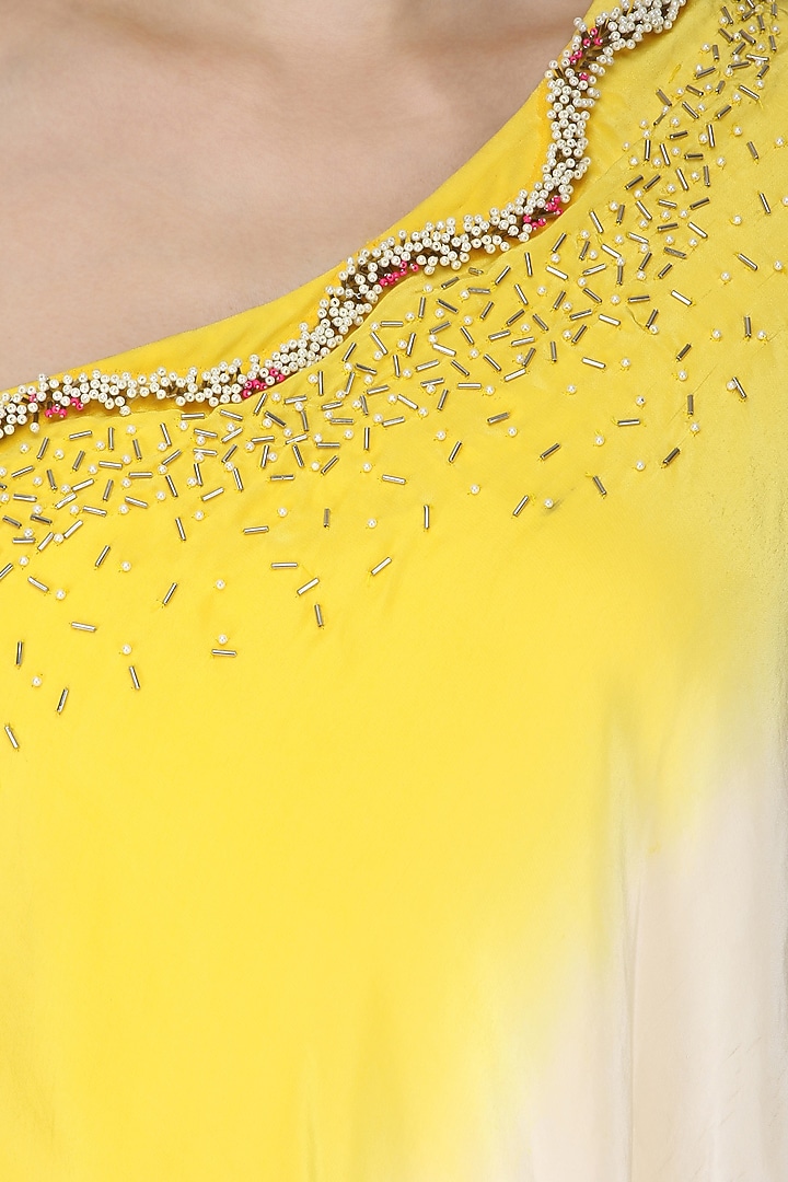 Yellow and ivory ombre jumpsuit with attached embroidered cape available only at Pernia's Pop Up Shop.