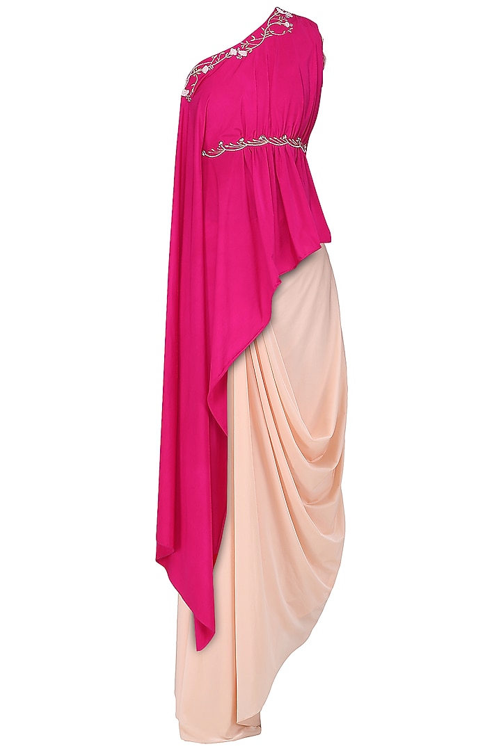 Fuschia Pink Embroidered Asymmetrical Top with Blush Pink Drape Skirt by Limerick By Abirr N' Nanki
