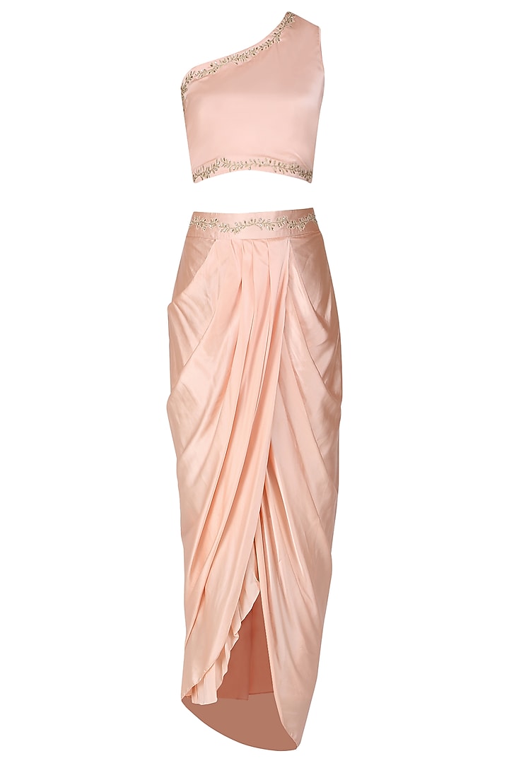 Blush pink embroidered crop top, drape skirt and ombre cape available only at Pernia's Pop Up Shop.