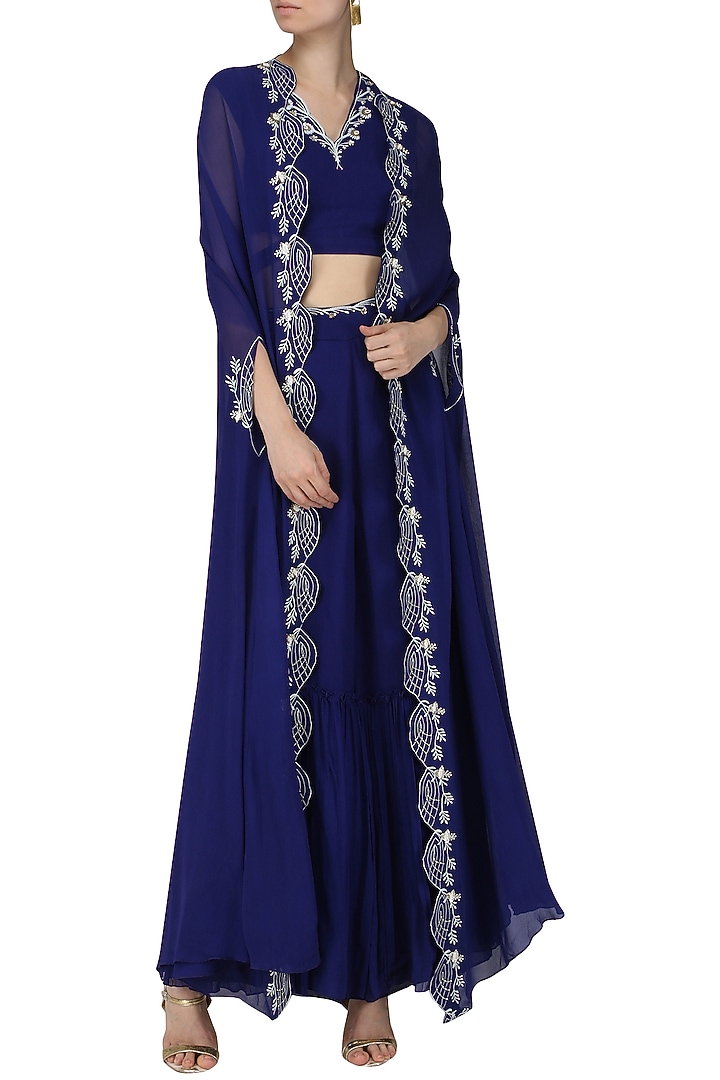 Navy blue embroidered crop top, sharara pants and cape available only at Pernia's Pop Up Shop.