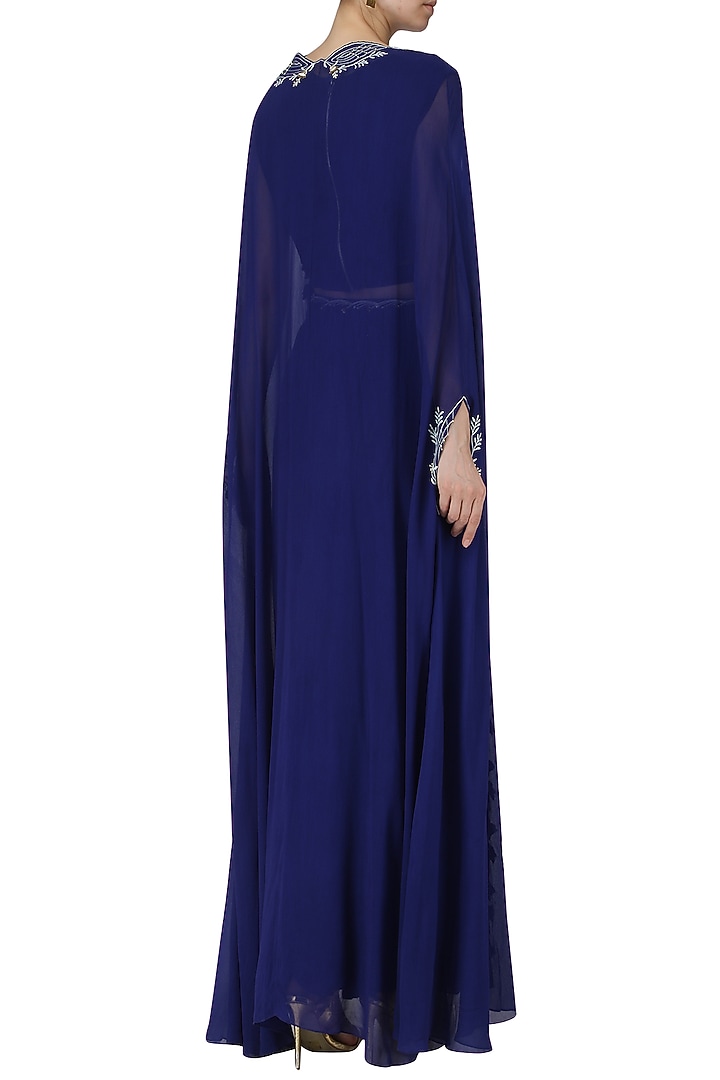 Navy blue embroidered crop top, sharara pants and cape available only at Pernia's Pop Up Shop.