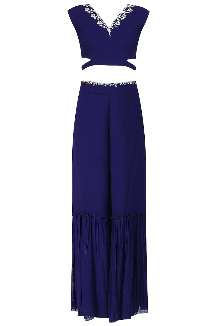 Navy blue embroidered crop top, sharara pants and cape available only at Pernia's Pop Up Shop.