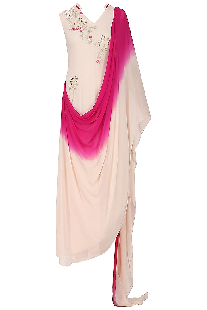 Pink Ombre Embroidered Drape Dress by Limerick By Abirr N' Nanki