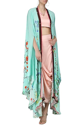 Blush Pink Embroidered Crop Top, Drape Skirt and Printed Cape by Limerick By Abirr N' Nanki