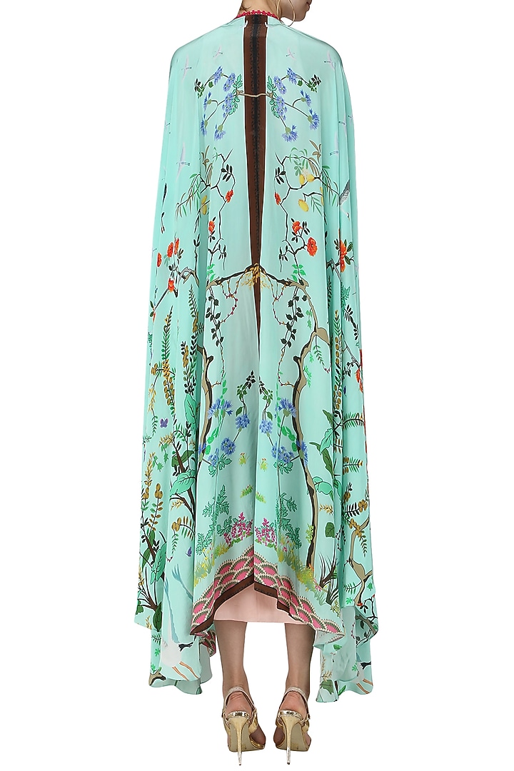 Blush pink embroidered crop top, drape skirt and printed cape available only at Pernia's Pop Up Shop.