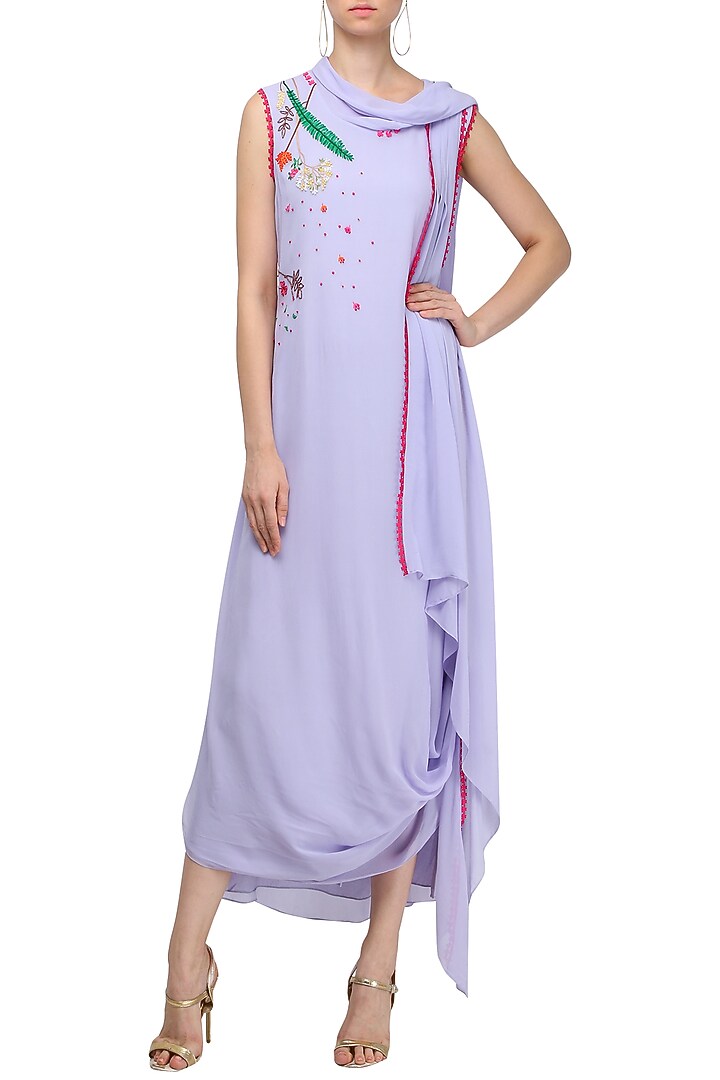 Lavender embroidered drape midi dress available only at Pernia's Pop Up Shop.