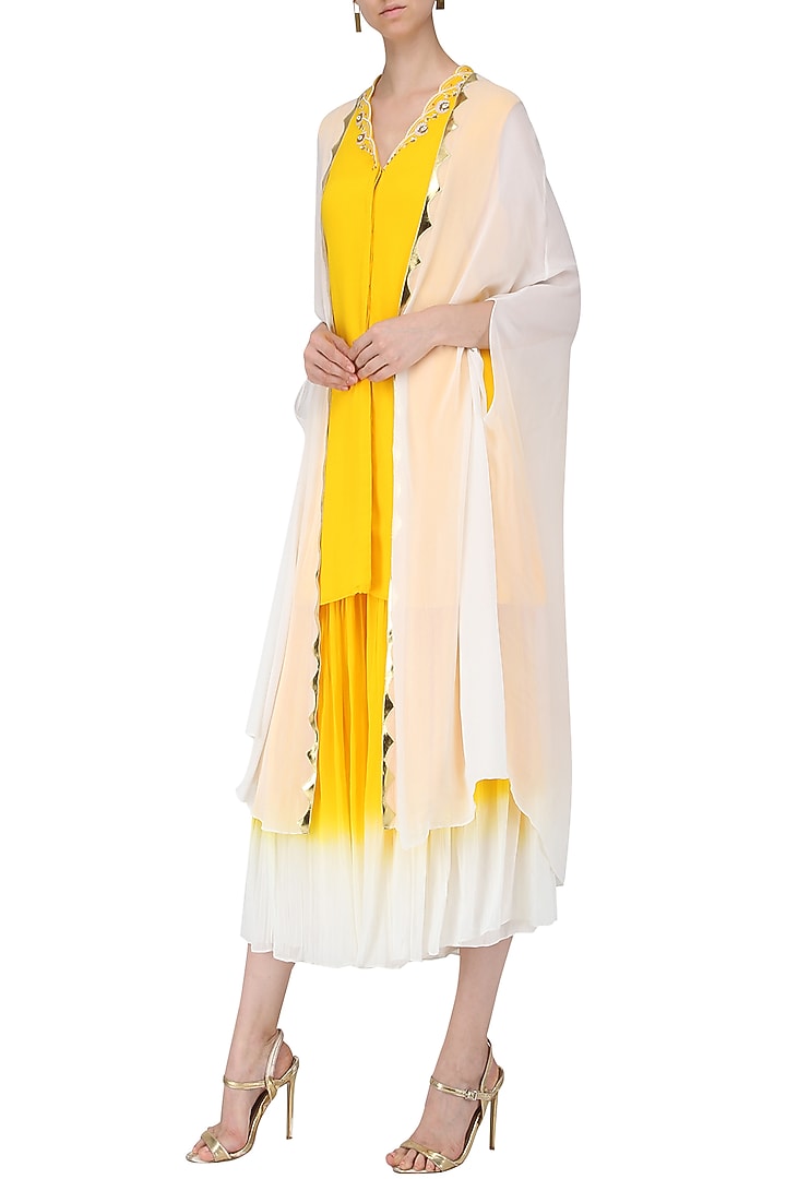Yellow embroidered kurta with attached cape and sharara pants set available only at Pernia's Pop Up Shop.