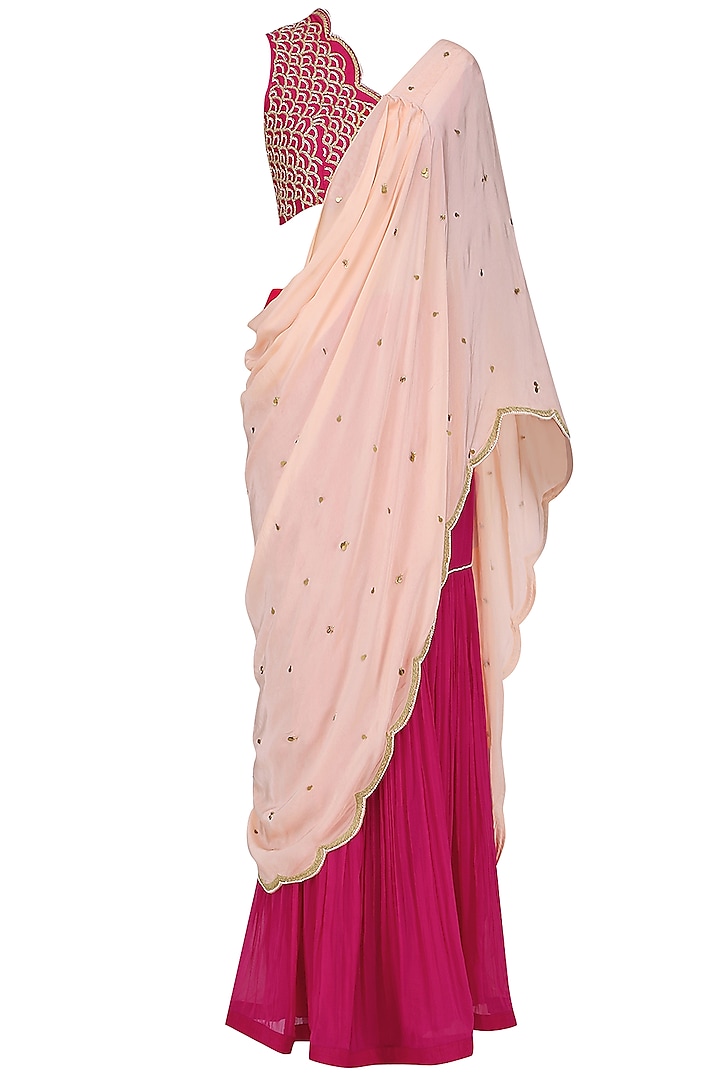 Fuschia Pink Embroidered Blouse with Attached Drape and Gharara Pants Set by Limerick By Abirr N' Nanki
