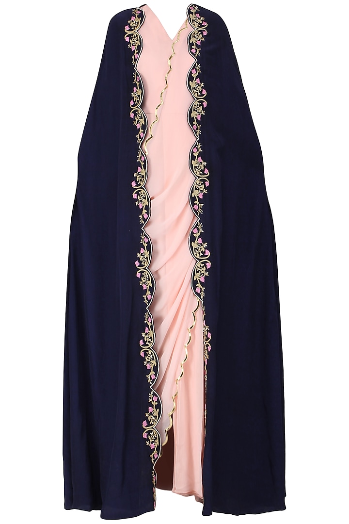 Blush Pink Drape Saree with Navy Blue Embroidered Cape by Limerick By Abirr N' Nanki