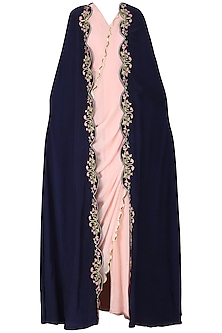Blush pink drape saree with navy blue embroidered cape available only ...