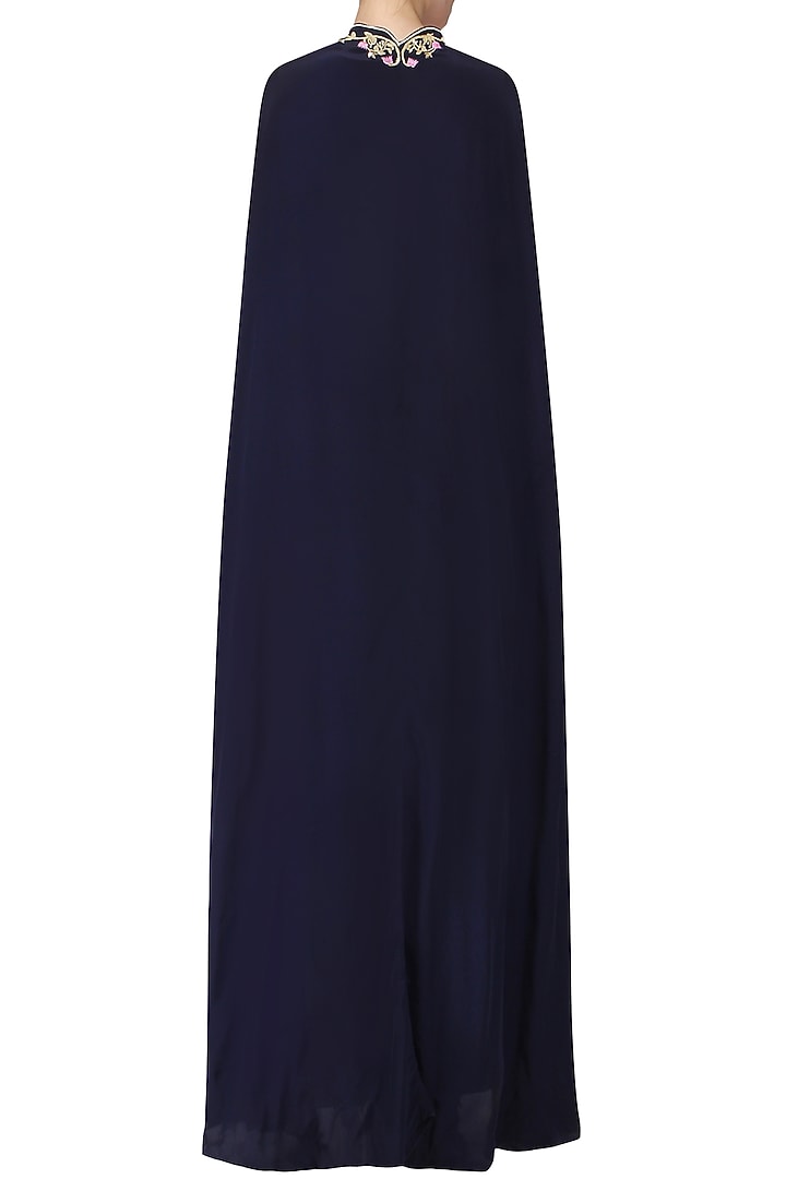 Blush pink drape saree with navy blue embroidered cape available only at Pernia's Pop Up Shop.