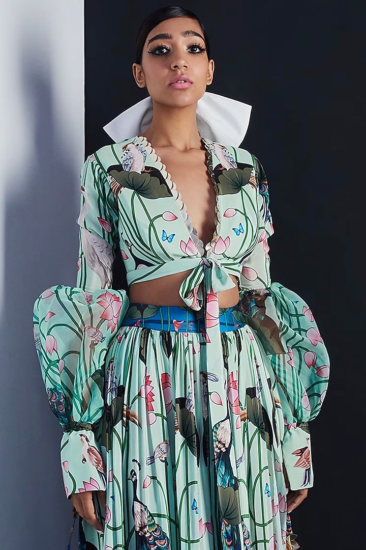 Green Crepe Embroidered Tie-Up Crop Top by Limerick By Abirr N' Nanki at Pernia's Pop Up Shop