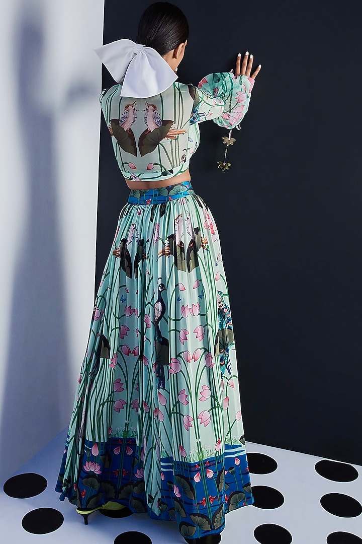 Green Crepe Embroidered Tie-Up Crop Top by Limerick By Abirr N' Nanki at Pernia's Pop Up Shop