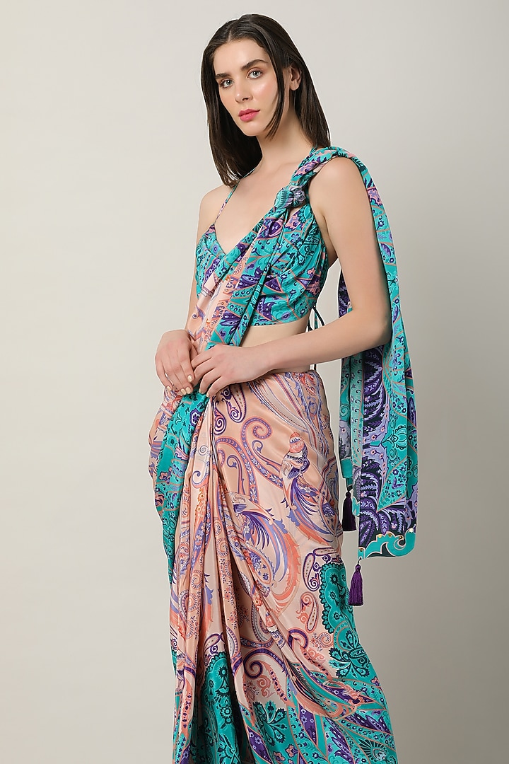 Blue Crepe Printed Draped Blouse by Limerick By Abirr N' Nanki at Pernia's Pop Up Shop