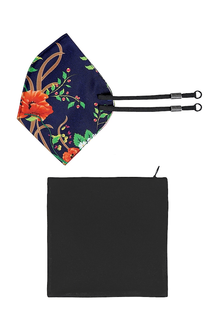 Navy Blue Printed Antimicrobial Mask With Zip Pouch by Limerick By Abirr N' Nanki at Pernia's Pop Up Shop