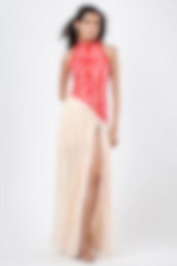 Red & Beige Georgette Pearl Embellished Maxi Vacation Dress by Limerick By Abirr N' Nanki at Pernia's Pop Up Shop