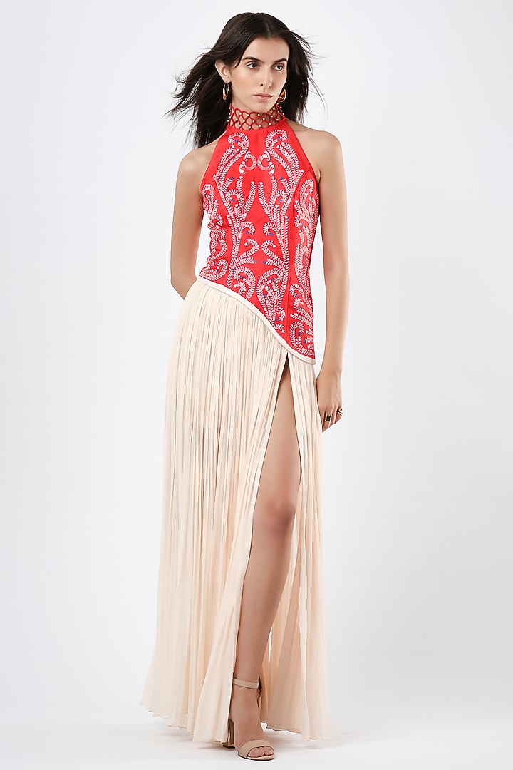 Red & Beige Georgette Pearl Embellished Maxi Vacation Dress by Limerick By Abirr N' Nanki at Pernia's Pop Up Shop