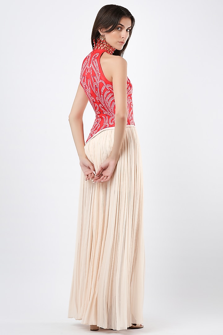 Red & Beige Georgette Pearl Embellished Maxi Vacation Dress by Limerick By Abirr N' Nanki at Pernia's Pop Up Shop