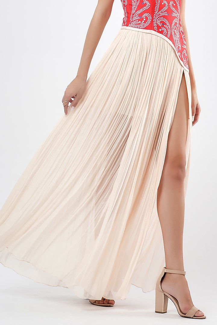 Red & Beige Georgette Pearl Embellished Maxi Vacation Dress by Limerick By Abirr N' Nanki at Pernia's Pop Up Shop