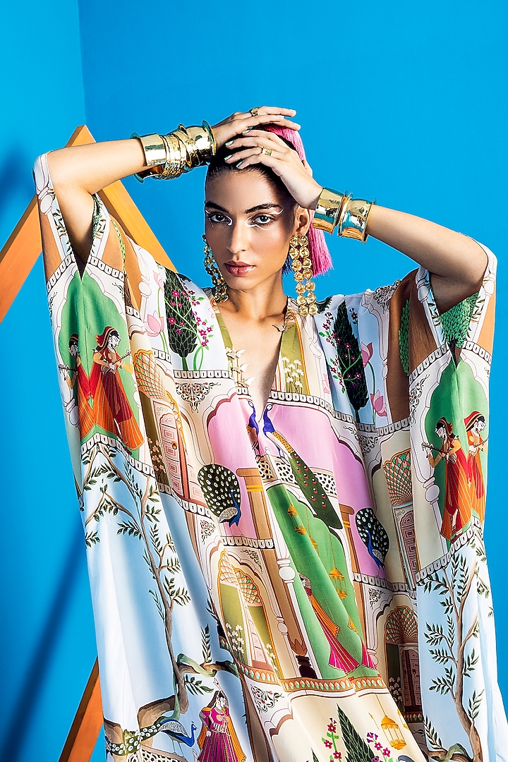 White Printed Kaftan by Limerick By Abirr N' Nanki at Pernia's Pop Up Shop