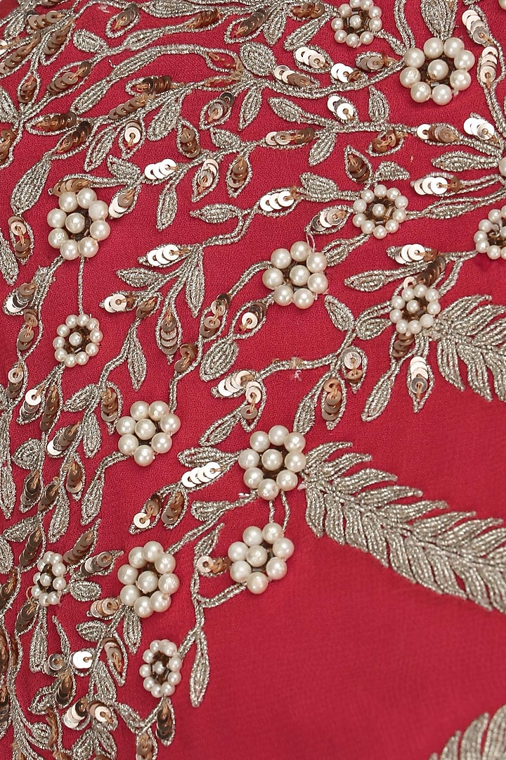 Red embroidered cape with peach blouse and skirt set available only at Pernia's Pop Up Shop.