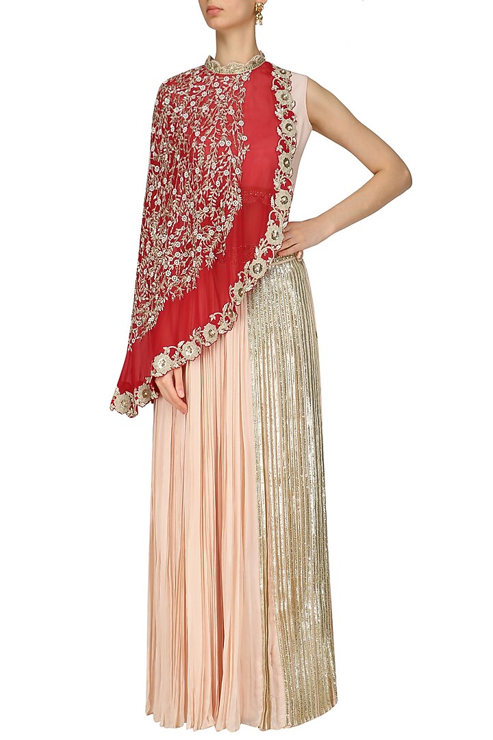 Red floral work cape attached with peach blouse and skirt set available only at Pernia's Pop Up Shop.