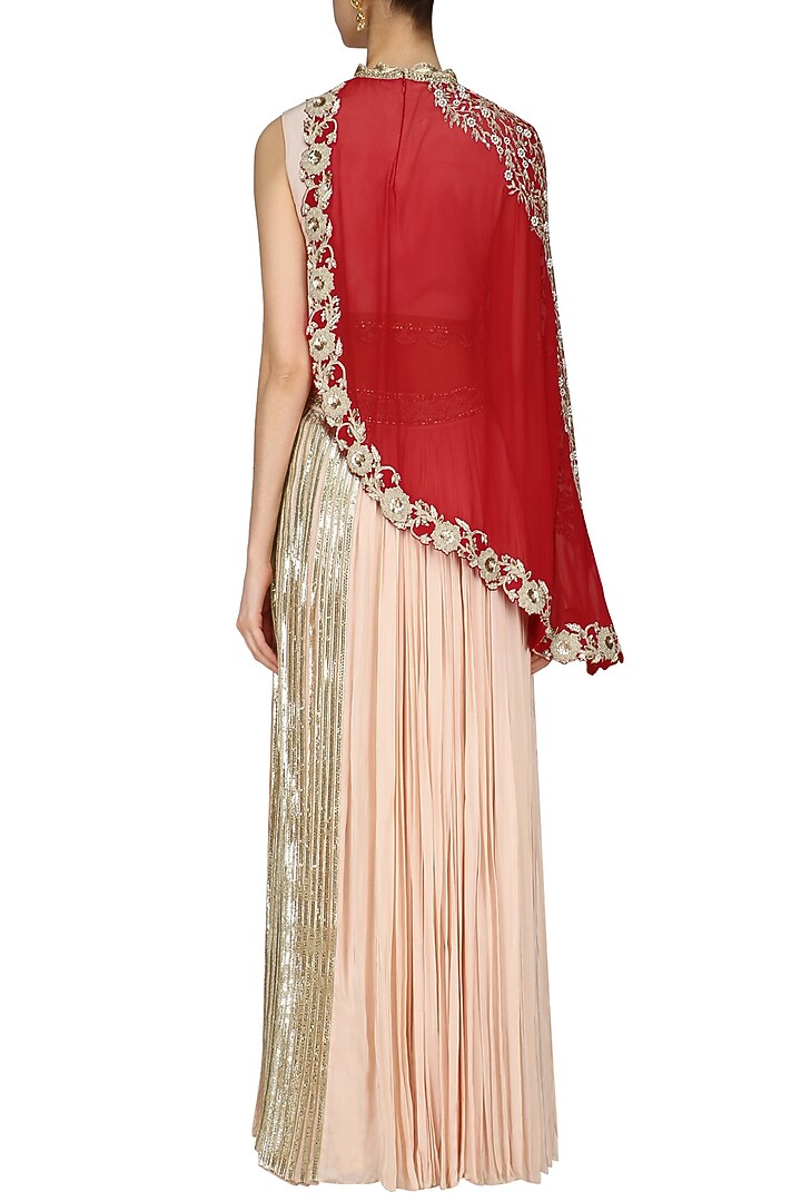 Red floral work cape attached with peach blouse and skirt set available only at Pernia's Pop Up Shop.