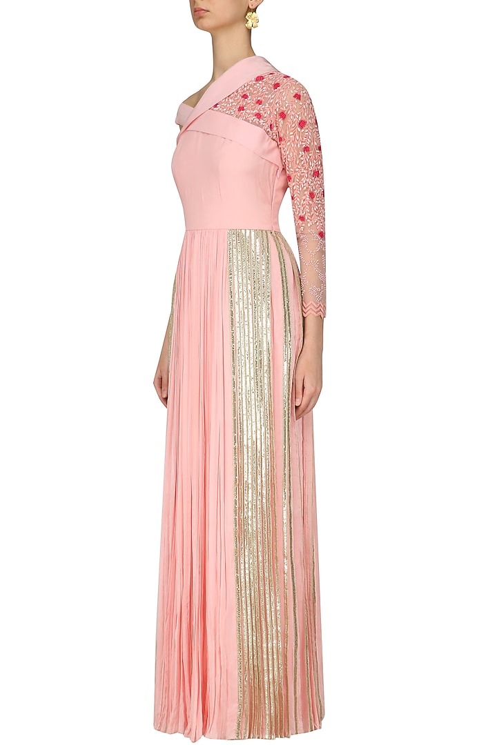 Baby pink embroidered one sided off shoulder tunic available only at Pernia's Pop Up Shop.