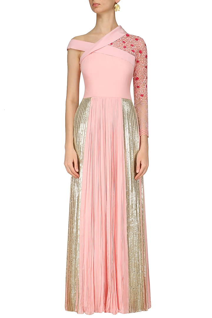 Baby pink embroidered one sided off shoulder tunic available only at Pernia's Pop Up Shop.