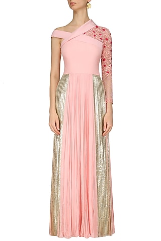 Baby Pink Embroidered One Sided Off Shoulder Tunic by Limerick By Abirr N' Nanki