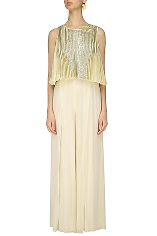 Ivory Lace Detail Jumpsuit with Pleated Cape by Limerick By Abirr N' Nanki