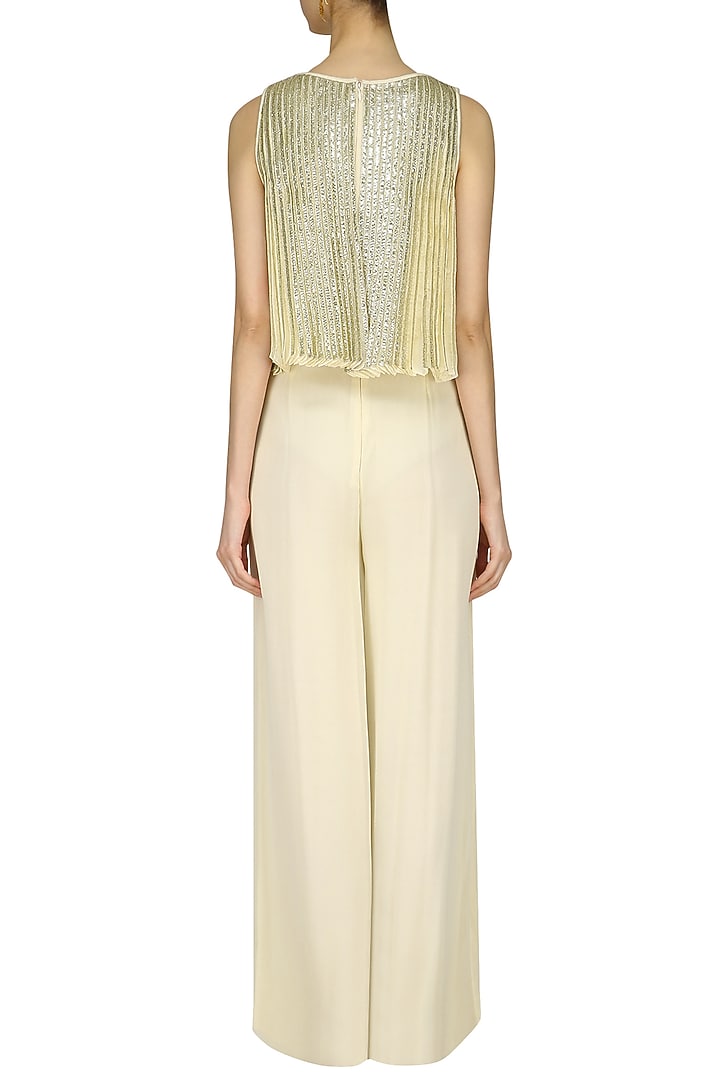 Ivory lace detail jumpsuit with pleated cape available only at Pernia's Pop Up Shop.