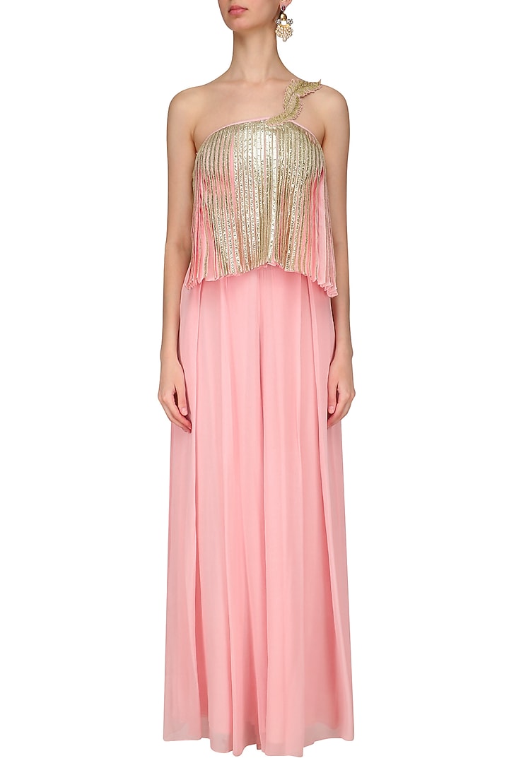 Baby pink lace detail jumpsuit with asymmetrical cape available only at Pernia's Pop Up Shop.
