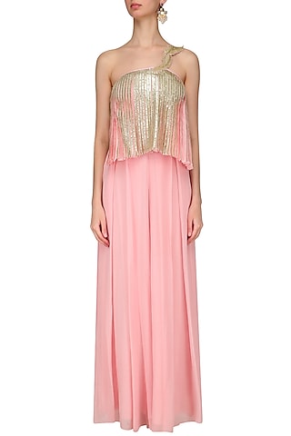 Baby Pink Lace Detail Jumpsuit with Asymmetrical Cape by Limerick By Abirr N' Nanki