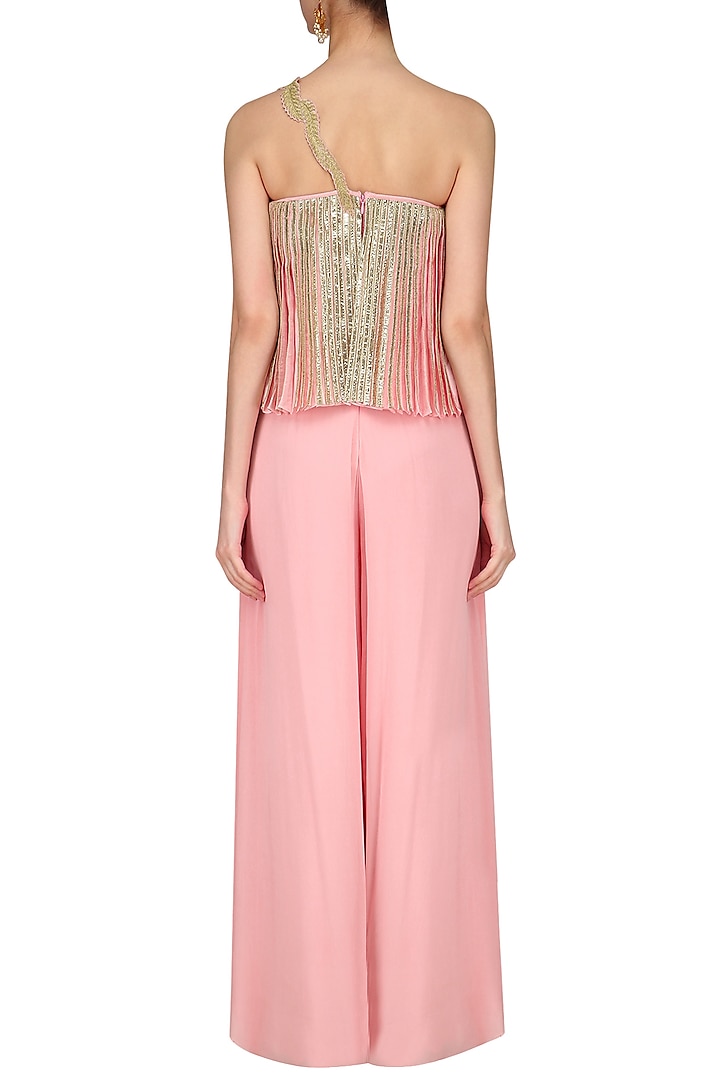 Baby pink lace detail jumpsuit with asymmetrical cape available only at Pernia's Pop Up Shop.