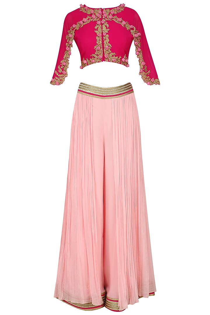 Fuschia pink floral work cape top, palazzo and draped skirt set available only at Pernia's Pop Up Shop.
