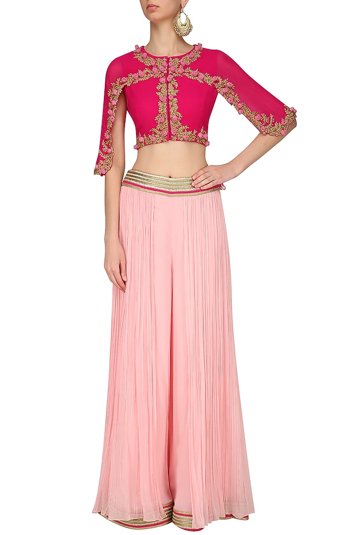 Fuschia pink floral work cape top, palazzo and draped skirt set available only at Pernia's Pop Up Shop.